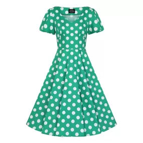 Green & White Polka Dot Short Sleeve 50s Swing Tea Dress