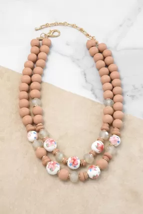 Multi Strand Spring Wood and Chinoiserie Beads Short Necklace in Nude Peach Pink and Gold