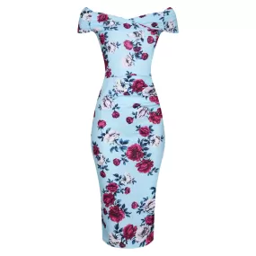 Sky Blue Floral Cap Sleeve Crossover Top Bardot Wiggle Pencil Dress