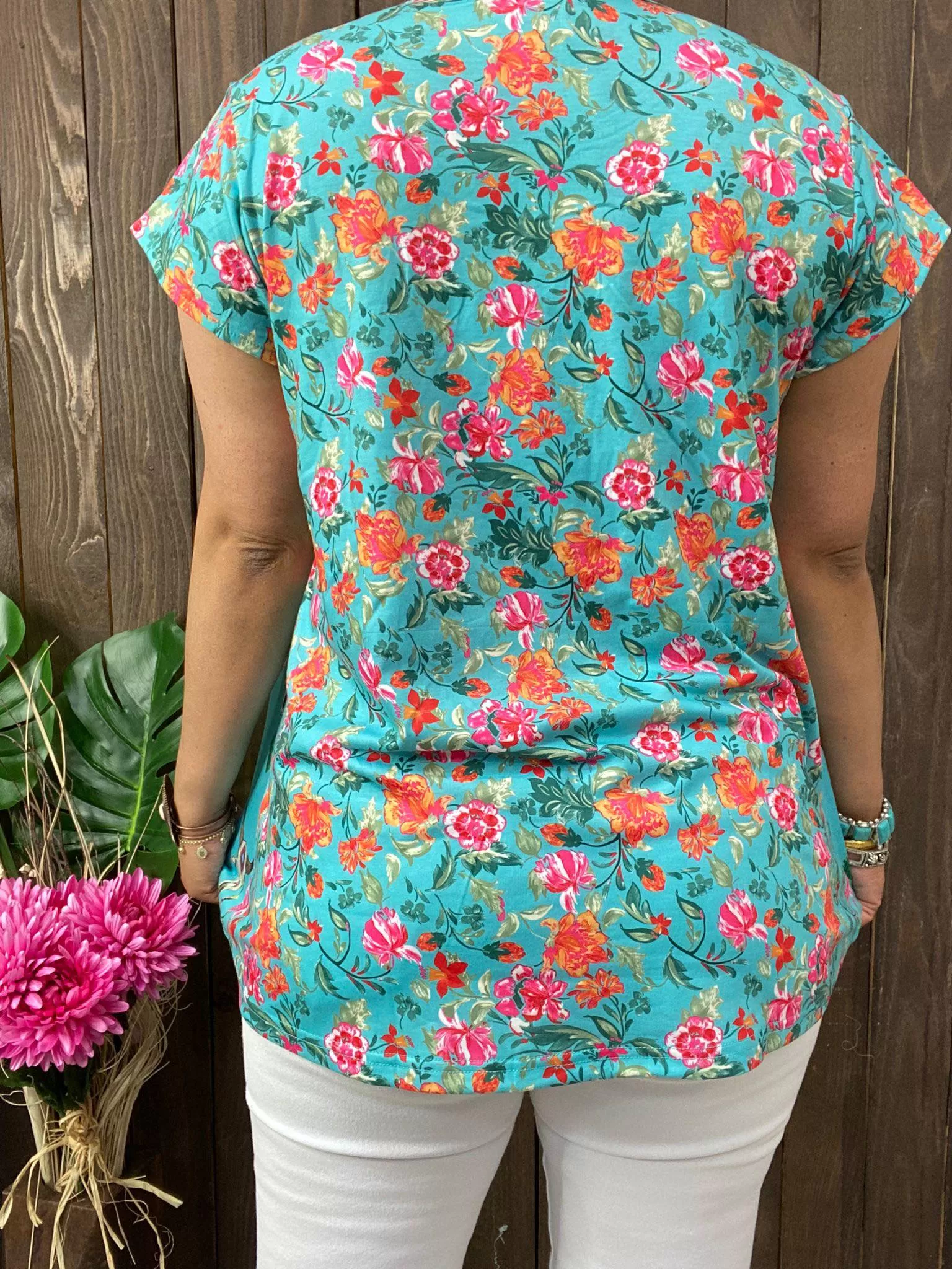 Turquoise steer print top with floral back